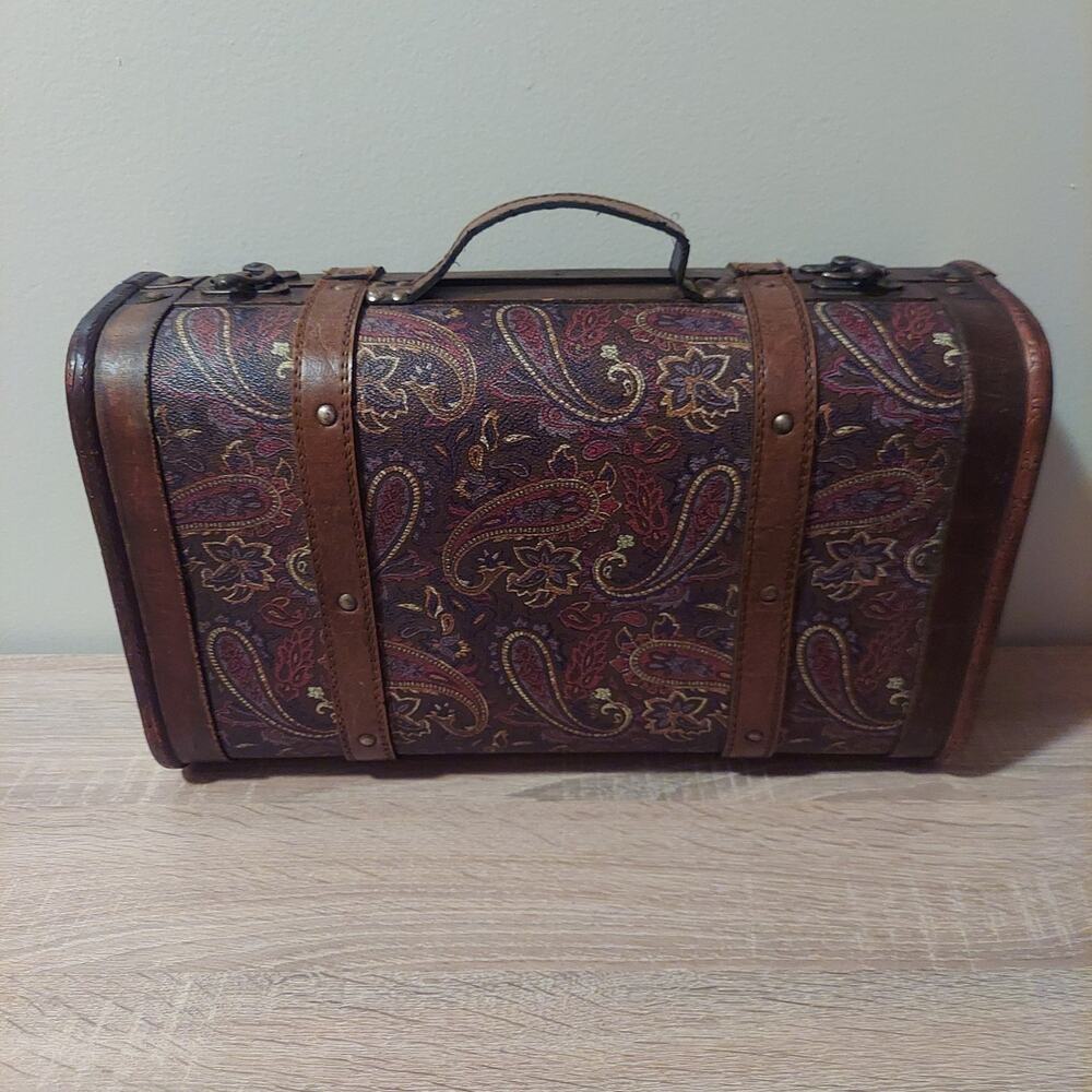 Paisley Wooden Suitcase Trunk Vintage Style Leather Straps Storage Box 15.5"